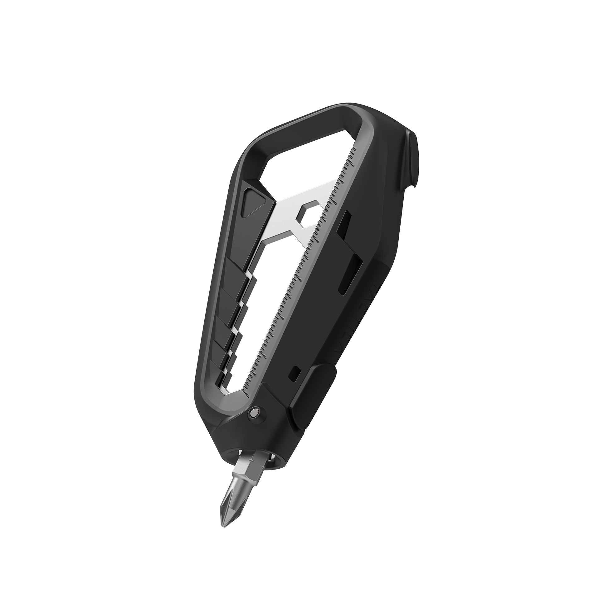 Closeup of the M100 multitool in black with the screwdriver bit inserted