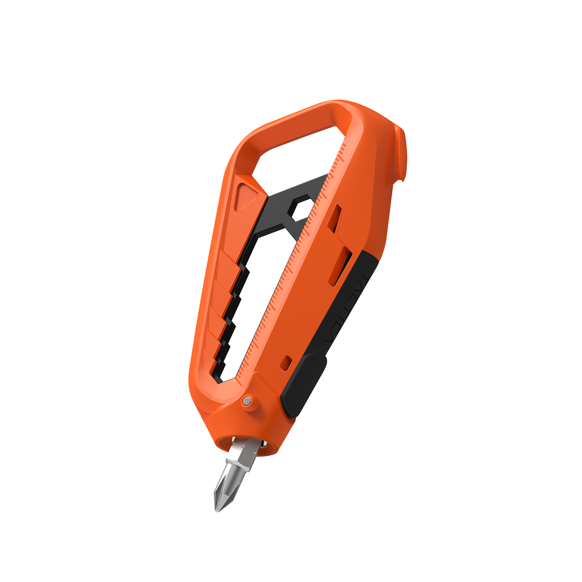 Closeup of the M100 multitool in blaze orange with the screwdriver bit inserted