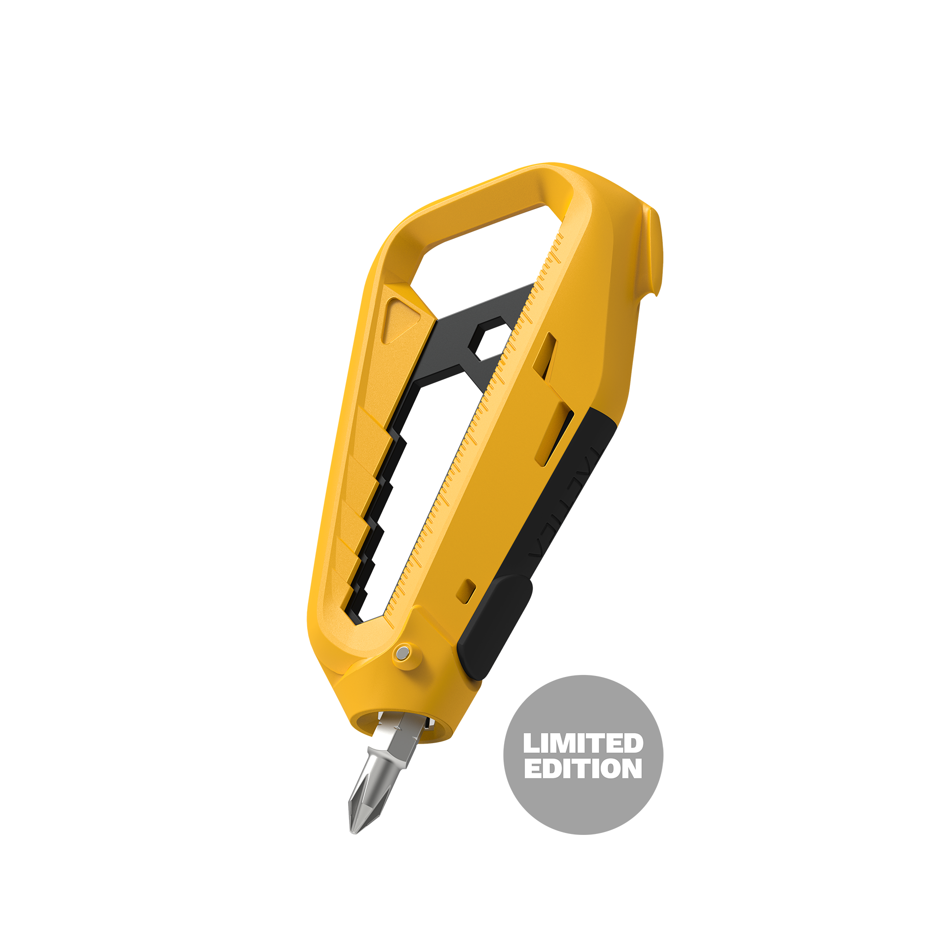 Closeup of the limited edition M100 multitool in yellow with the screwdriver bit inserted