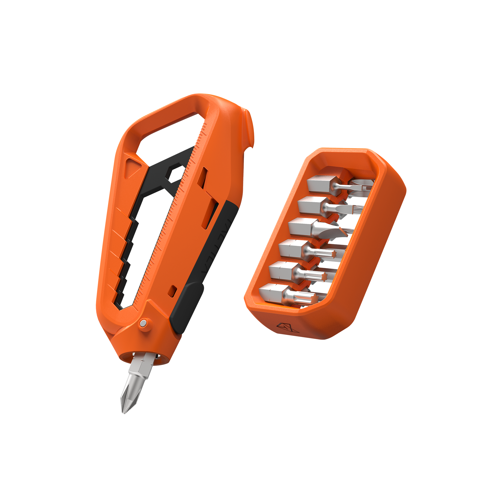 Closeup of the m100 multitool in orange with the screwdriver bit holster