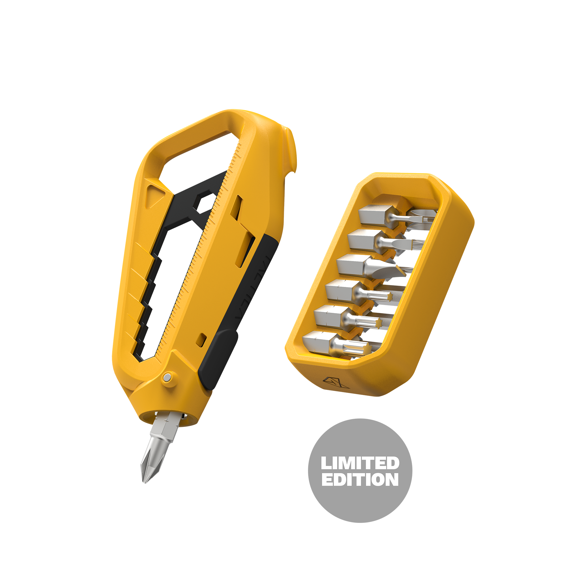 Closeup of the limited edition. m100 multitool in yellow with the screwdriver bit holster